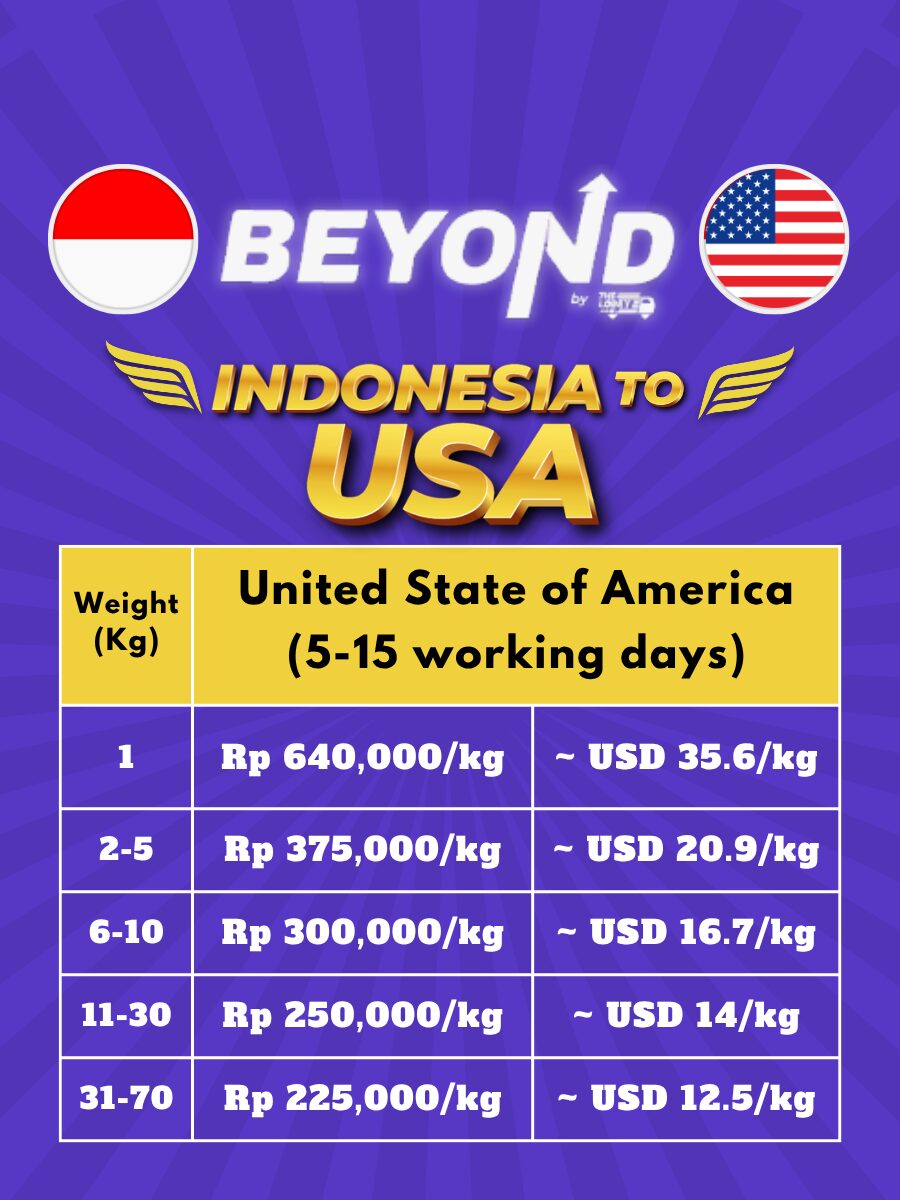 shipping from indonesia to usa price list